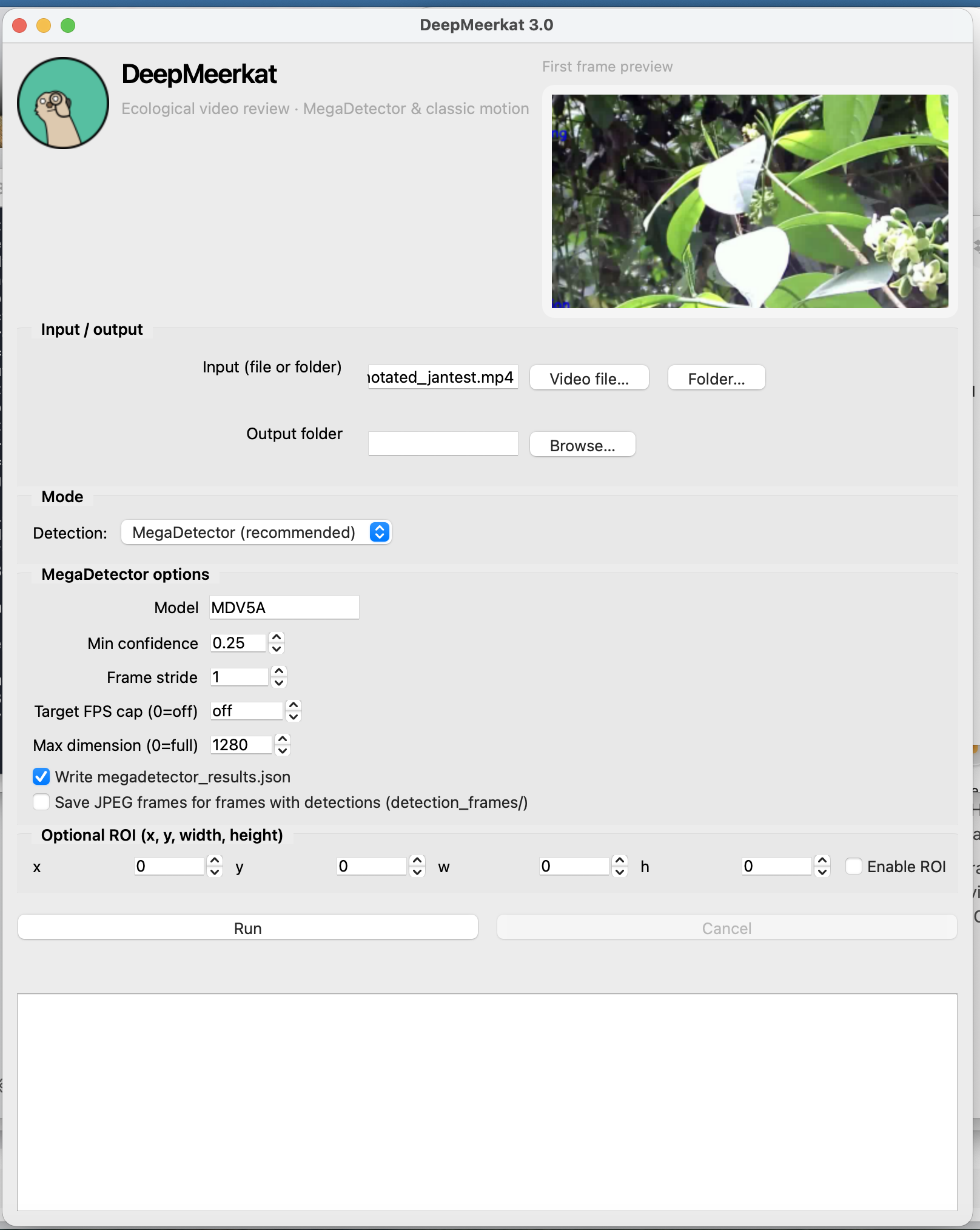 DeepMeerkat 3.0 main window with input, MegaDetector options, and Run